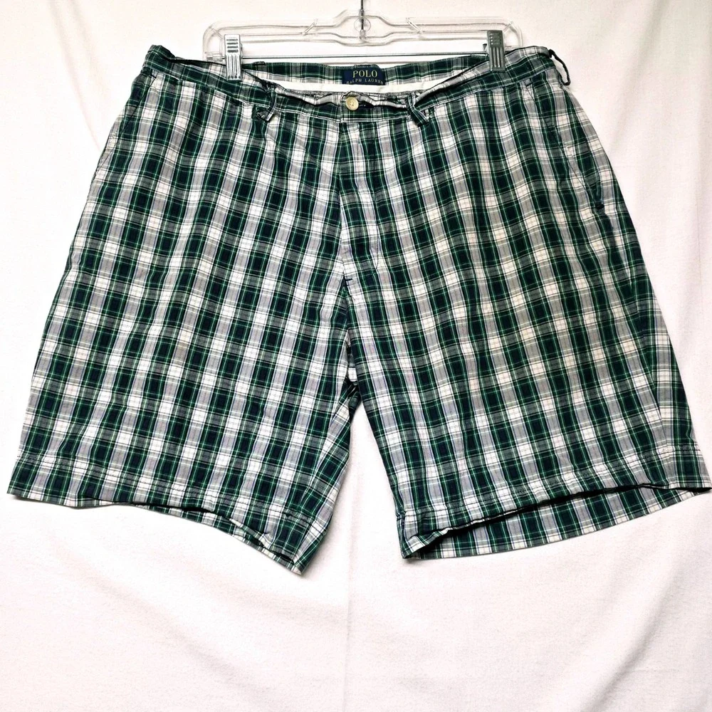 Polo Ralph Lauren Shorts Men's 38 Green Blue Plaid Cotton Flat Front Casual